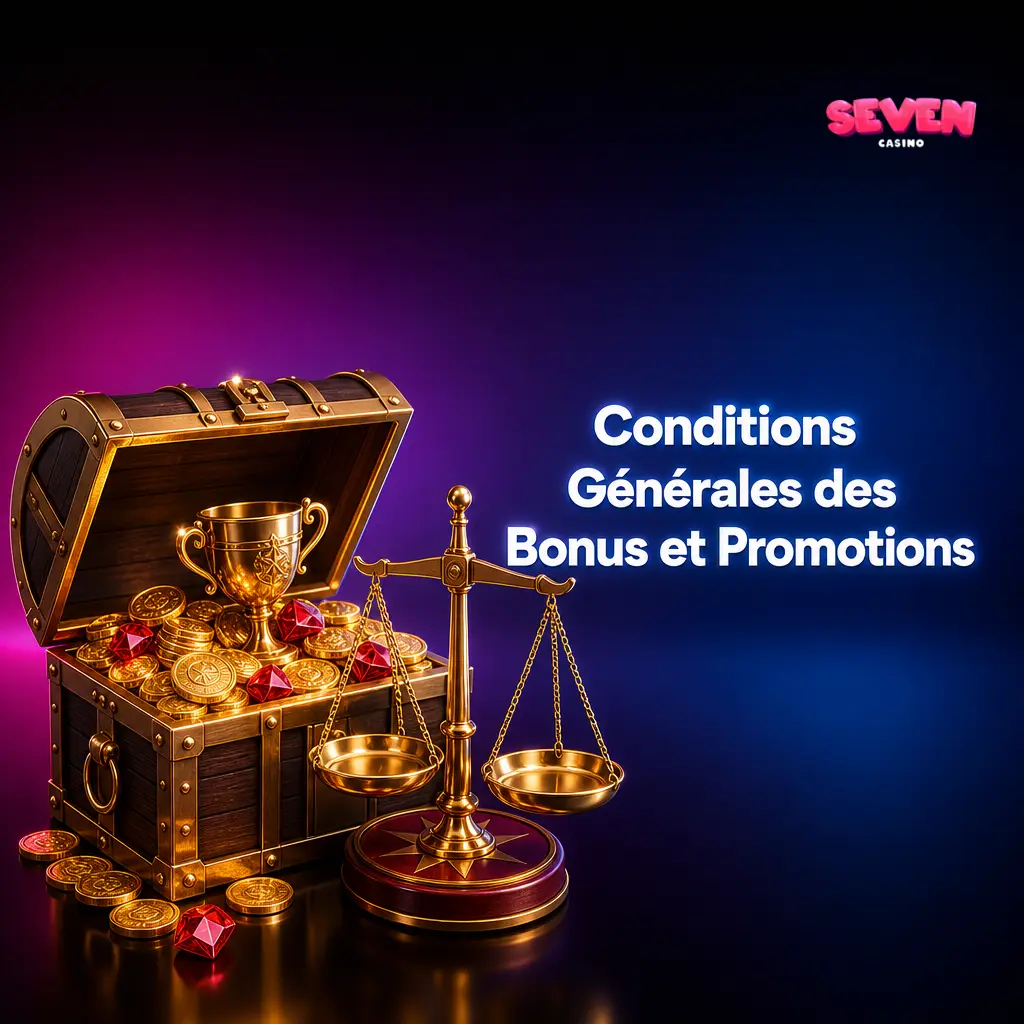 Conditions générales des bonus et promotions Seven Casino avec règles de mise et d'activation des offres