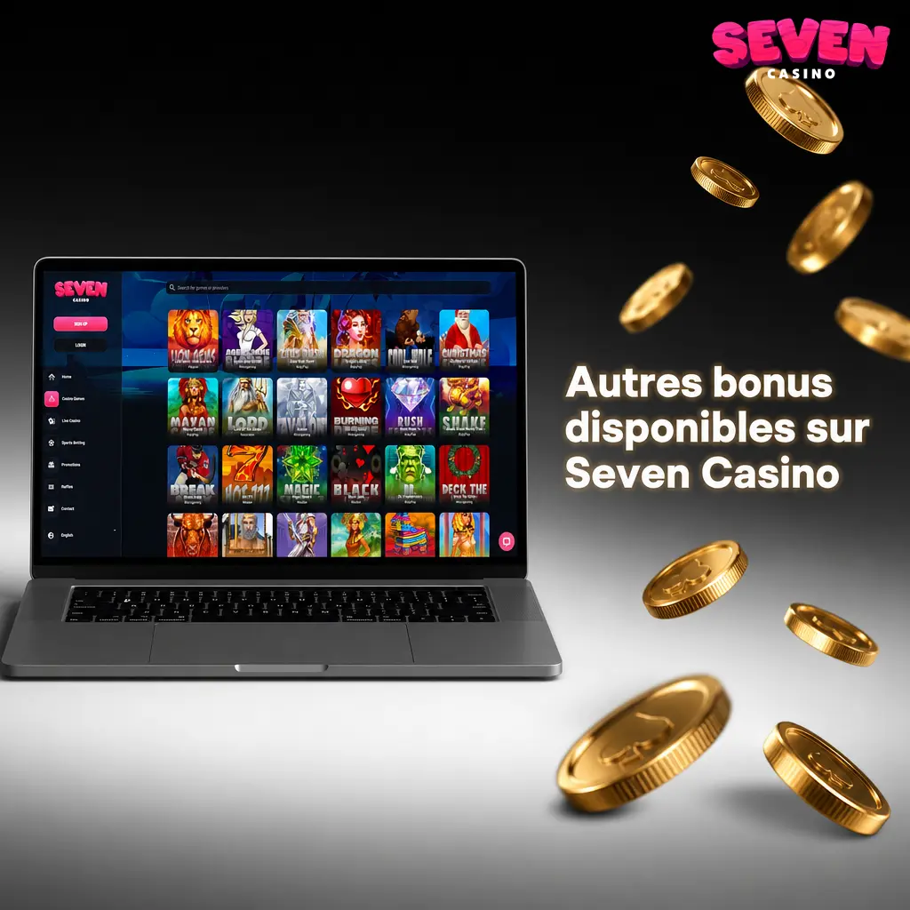 Autres bonus Seven Casino : recharge 50%, cashback 10%, tours gratuits sur Gates of Olympus et programme VIP exclusif.