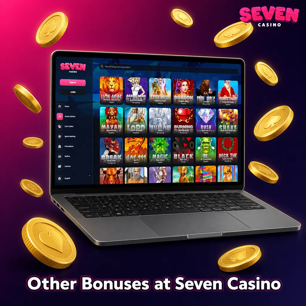 Seven Casino ongoing promotions including reload bonuses, free spins, cashback, loyalty rewards, and referral bonuses for UK players